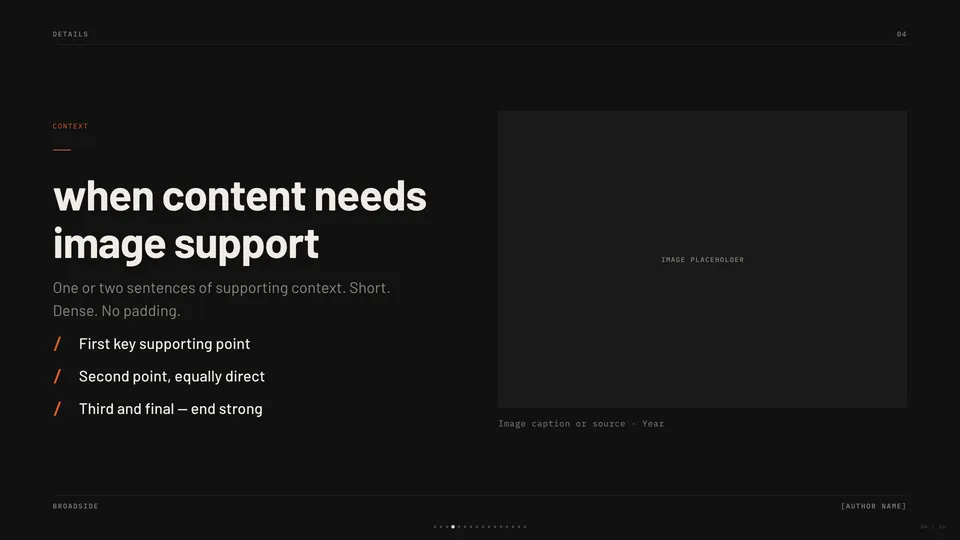 Broadside HTML presentation template mid-deck reference
