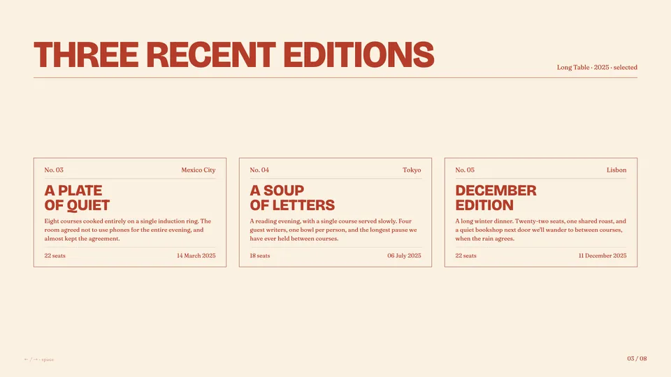 Long Table HTML presentation template mid-deck reference