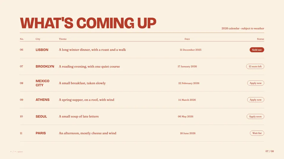 Long Table HTML presentation template later slide reference